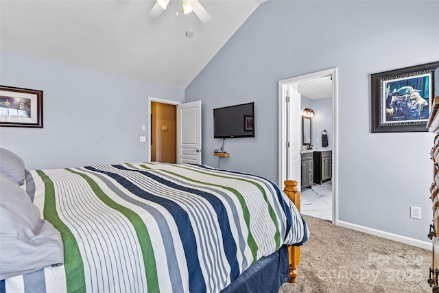 bedroom with connected bathroom, baseboards, carpet, high vaulted ceiling, and a ceiling fan