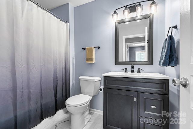 full bath featuring baseboards, toilet, a shower with shower curtain, marble finish floor, and vanity