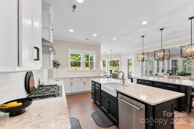 kitchen featuring visible vents, appliances with stainless steel finishes, an inviting chandelier, ventilation hood, and a sink