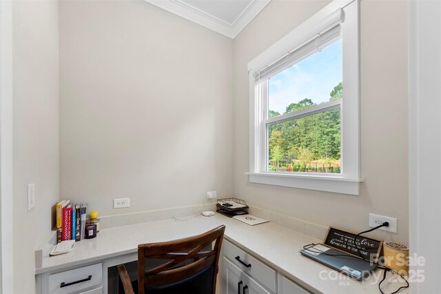 office space with ornamental molding and built in study area