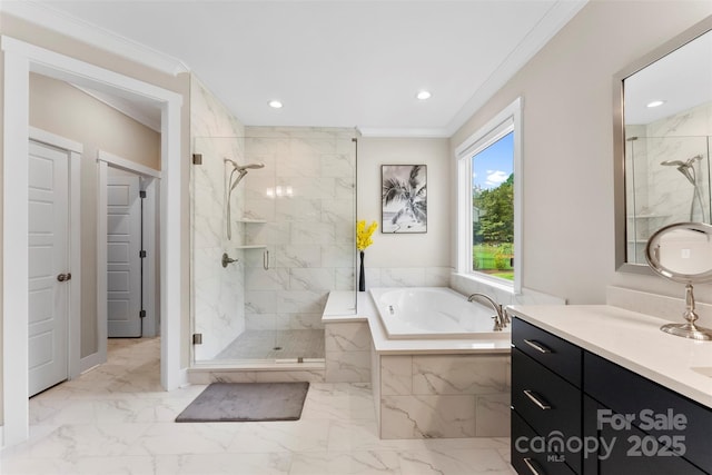 bathroom featuring marble finish floor, a shower stall, ornamental molding, and a bath