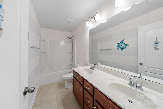 bathroom with a sink, visible vents, toilet, and double vanity