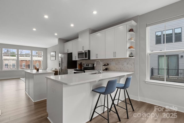 kitchen with stainless steel appliances, wood finished floors, a kitchen island, a sink, and decorative backsplash