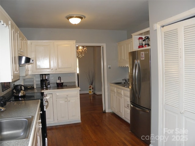 kitchen featuring appliances with stainless steel finishes, dark wood-type flooring, a sink, and under cabinet range hood