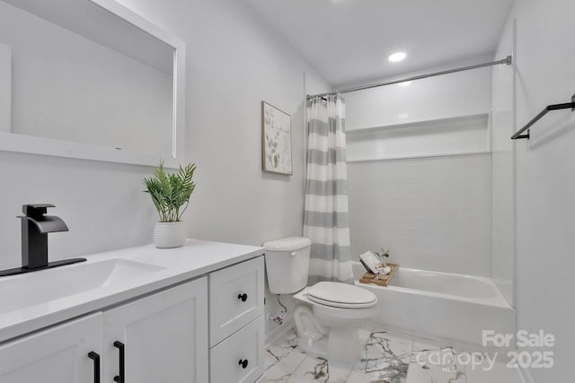 bathroom featuring marble finish floor, recessed lighting, toilet, shower / bath combo, and vanity