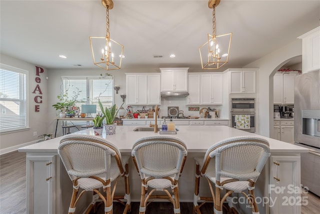 kitchen featuring tasteful backsplash, under cabinet range hood, a center island with sink, appliances with stainless steel finishes, and arched walkways