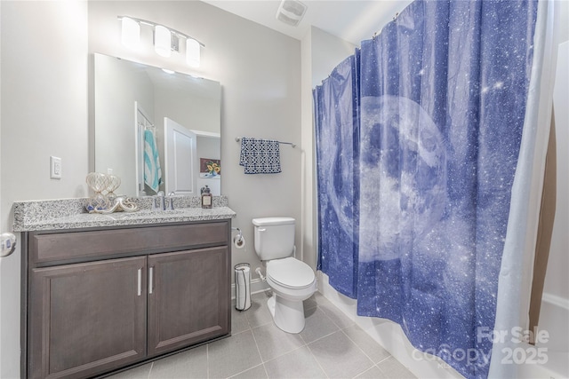 full bathroom with visible vents, a shower with curtain, toilet, tile patterned flooring, and vanity