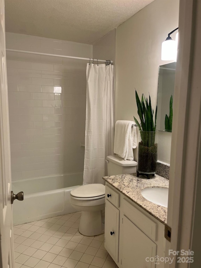 bathroom featuring toilet, tile patterned floors, a textured ceiling, shower / bathtub combination with curtain, and vanity