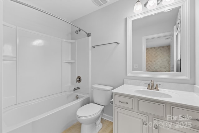 bathroom with visible vents, shower / bathtub combination, toilet, and vanity