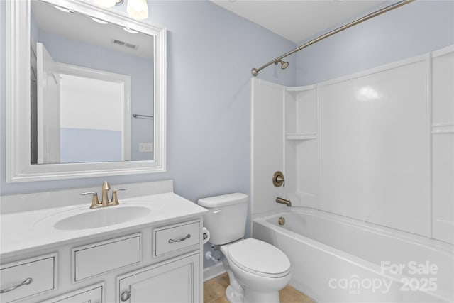 bathroom with visible vents, shower / bathtub combination, toilet, and vanity