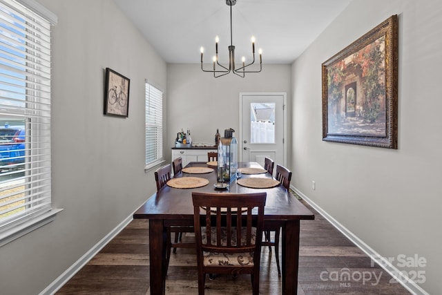 dining room with plenty of natural light, baseboards, and dark wood-style flooring