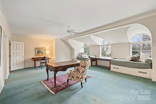 office featuring ceiling fan, carpet flooring, and crown molding