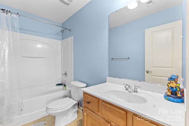 bathroom featuring visible vents, toilet, shower / bath combo, and vanity