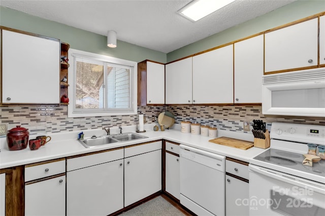 kitchen with a sink, white appliances, light countertops, and white cabinetry