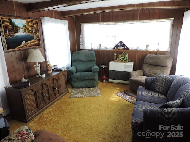 living area with light colored carpet and wooden walls