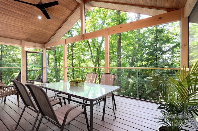 unfurnished sunroom featuring wood ceiling, vaulted ceiling with beams, and a healthy amount of sunlight