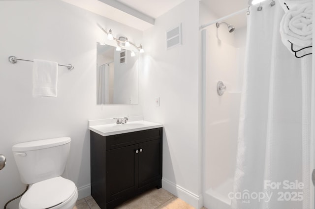 full bath with tile patterned floors, visible vents, toilet, a stall shower, and vanity