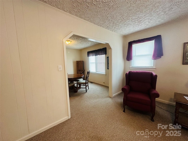 living area with a textured ceiling, carpet, arched walkways, and baseboards