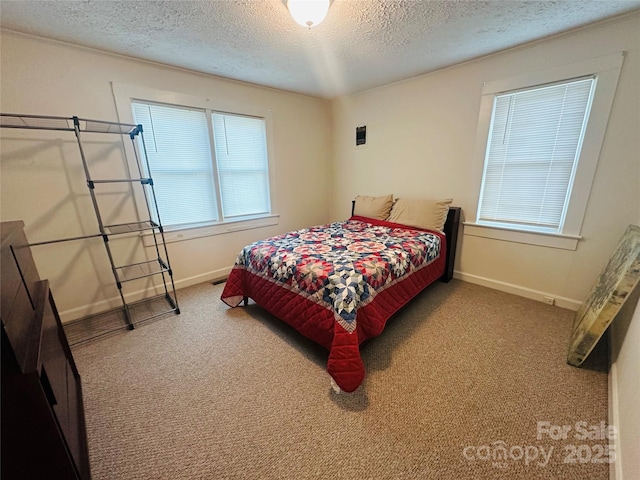 bedroom featuring a textured ceiling, carpet floors, and baseboards