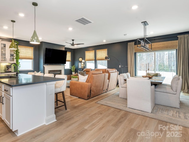 interior space with dark countertops, visible vents, light wood-style flooring, white cabinets, and a sink