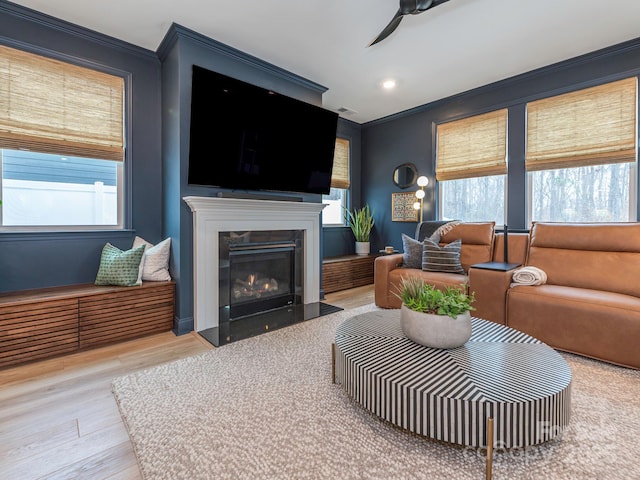 living room with crown molding, a fireplace with flush hearth, wood finished floors, and a wealth of natural light