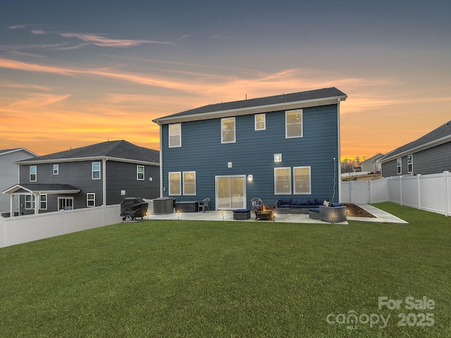 back of property with cooling unit, a patio, a lawn, and a fenced backyard