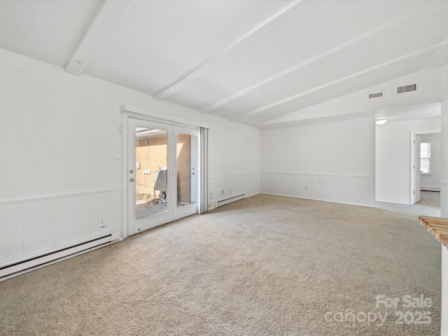 carpeted empty room featuring vaulted ceiling with beams, visible vents, baseboard heating, and a baseboard radiator