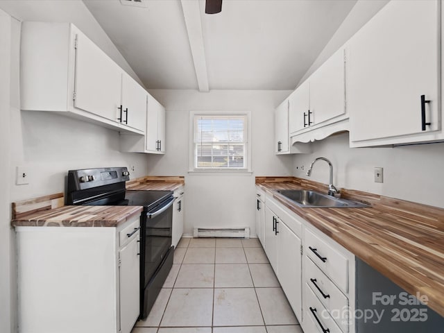 kitchen with wooden counters, a baseboard radiator, electric range, a sink, and white cabinets