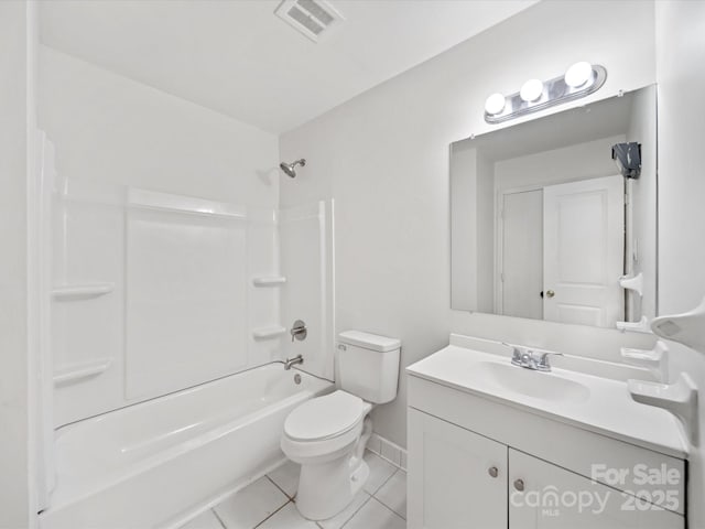 full bathroom featuring visible vents, toilet, vanity, tile patterned flooring, and shower / bathtub combination