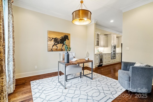 office area featuring dark wood-style floors, beverage cooler, baseboards, recessed lighting, and ornamental molding