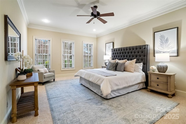 carpeted bedroom with recessed lighting, baseboards, ornamental molding, and ceiling fan