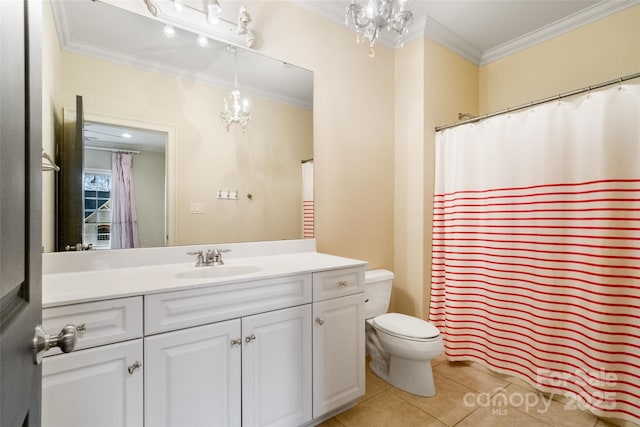 full bath with tile patterned floors, toilet, ornamental molding, a shower with shower curtain, and vanity