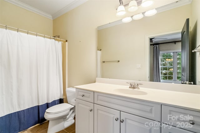 full bath with vanity, a shower with curtain, ornamental molding, tile patterned flooring, and toilet