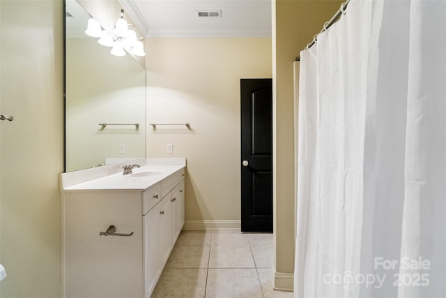 full bath featuring tile patterned flooring, visible vents, baseboards, ornamental molding, and vanity