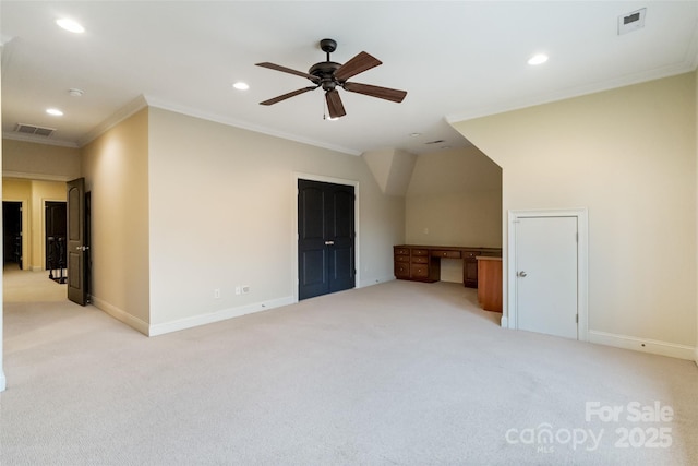 bonus room featuring recessed lighting, visible vents, and built in study area