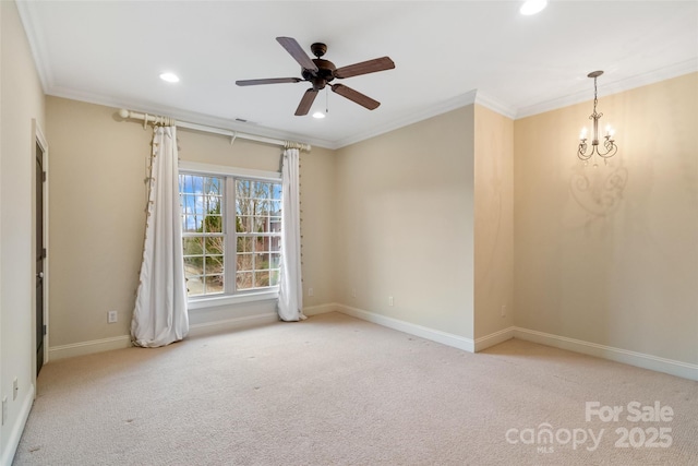 unfurnished room with recessed lighting, baseboards, carpet floors, and ornamental molding