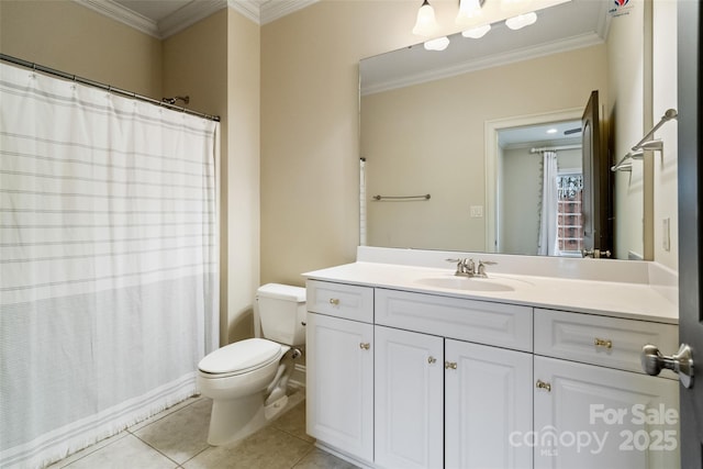 full bathroom with tile patterned flooring, toilet, and crown molding