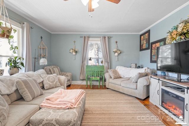 living area with ornamental molding, light wood finished floors, and a ceiling fan