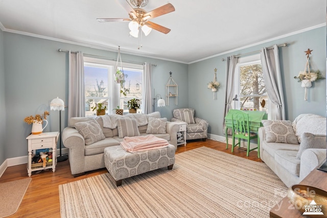living area featuring ornamental molding, light wood-type flooring, and baseboards