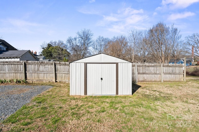 view of shed with a fenced backyard