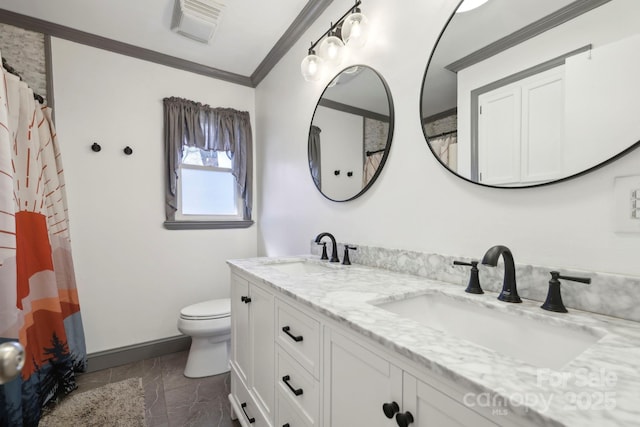 33 Milburn Ln, Hendersonville, NC 28792 - bathroom with a sink, toilet, double vanity, and crown molding