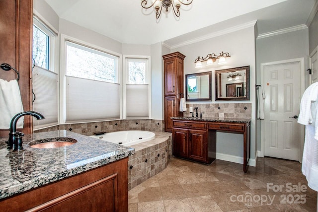 bathroom featuring a sink, backsplash, a garden tub, and two vanities