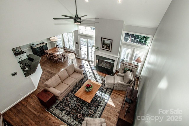 living area with wood finished floors, a fireplace, and high vaulted ceiling