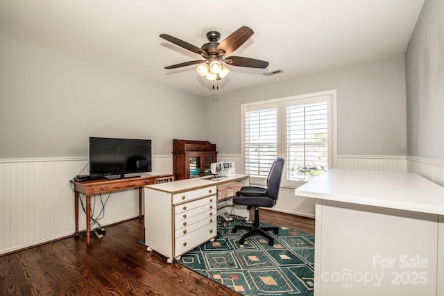 office space with dark wood-style floors, a wainscoted wall, a ceiling fan, and visible vents