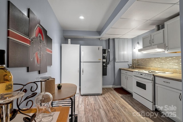 97 Ballantree Dr, Asheville, NC 28803 - kitchen featuring white appliances, under cabinet range hood, a sink, backsplash, and light wood-style floors