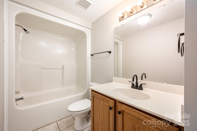 full bath with vanity, visible vents, tile patterned flooring, a textured ceiling, and toilet