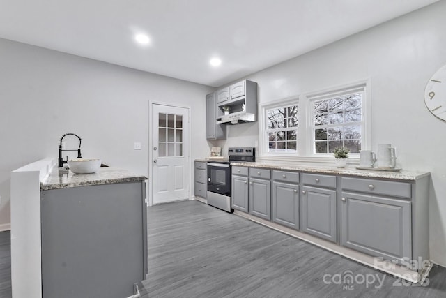 kitchen with gray cabinetry, recessed lighting, wood finished floors, a sink, and stainless steel range with electric cooktop