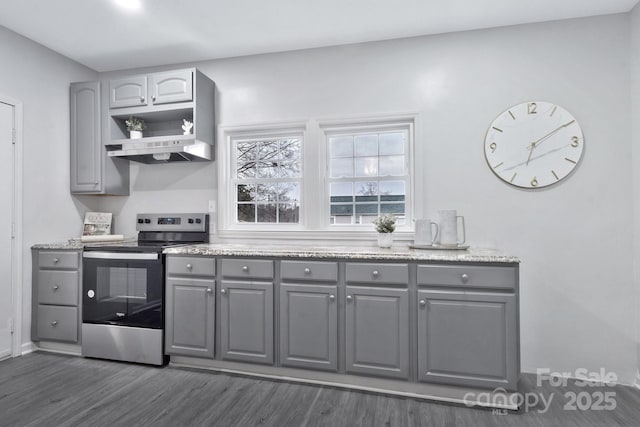 kitchen with electric range, dark wood finished floors, gray cabinets, under cabinet range hood, and open shelves