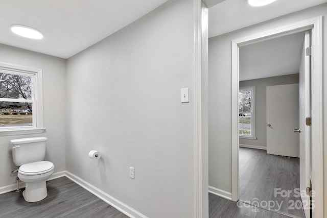 bathroom featuring toilet, baseboards, and wood finished floors