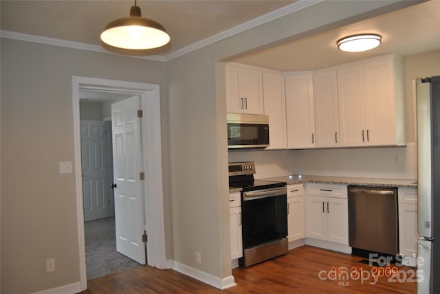 kitchen featuring white cabinetry, dark wood-style flooring, and appliances with stainless steel finishes